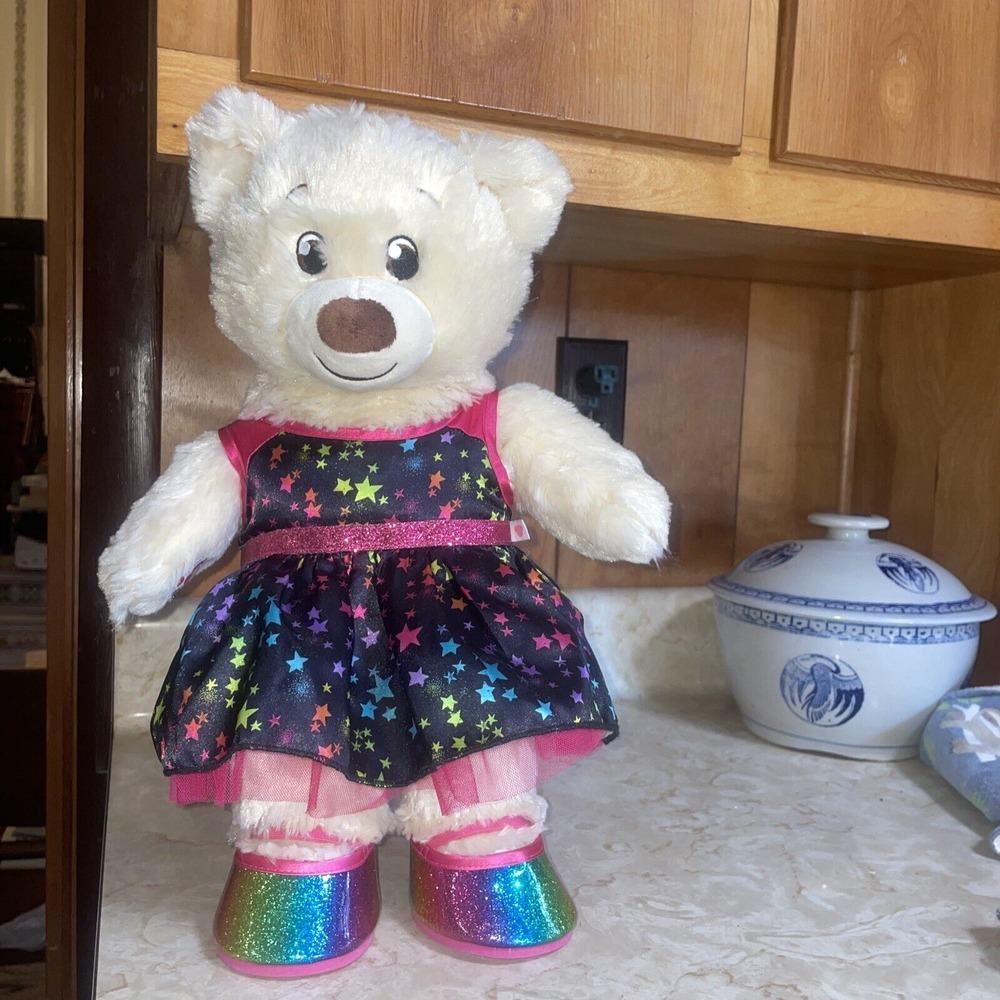 2020 Cream Build A Bear With Black & Pink Star Dress And‎ Glitter Patent Shoes